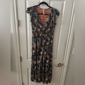 Anthropologie Brown and Teal Patterned Maxi Dress